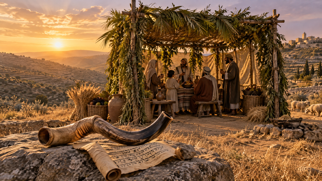 A rustic sukkah booth on a Judean hillside with an ancient ram's horn shofar and parchment scroll bathed in golden afternoon sunlight.