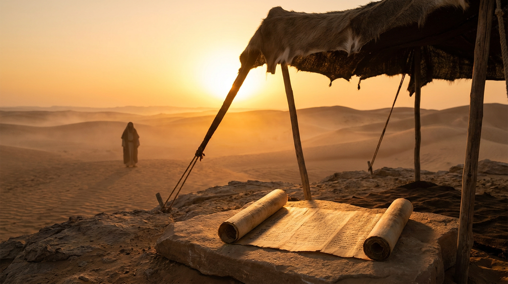 A serene desert sunrise with an ancient tent canopy and unrolled biblical parchment scroll illuminated by golden morning light.