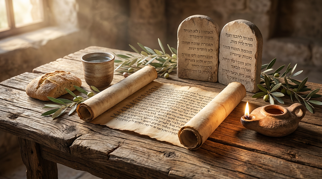 An open ancient parchment scroll illuminated by a warm clay oil lamp on a rustic wooden table with stone tablets, olive sprigs, and unleavened bread.